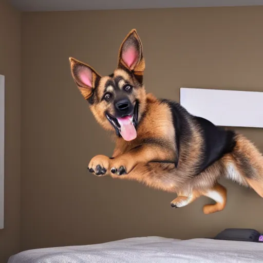 Image similar to in my bedroom my gsd puppy gets the zoomies and jumps around on the bed that has a color comforter, high energy, frenetic craziness, running, jumping, chasing, 3 d octane render, imax 7 0 mm, rtx,