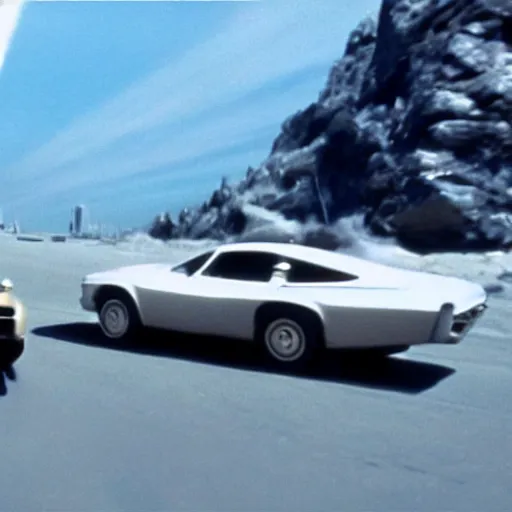 Image similar to car chased by anothrr car which is flying in the sky, movie still of James bond