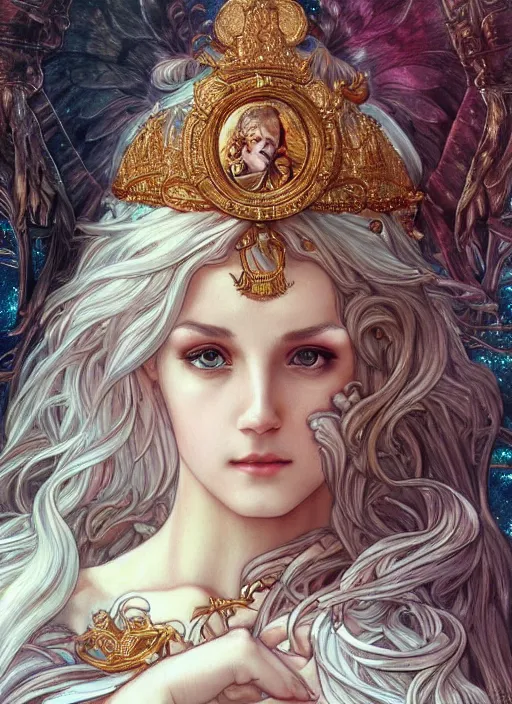Prompt: Saint Celestine as a Greek Goddess, beautiful detailed eyes, cute, fantasy, intricate, elegant, highly detailed, digital painting, 4k, HDR, concept art, detailed jewelry, smooth, sharp focus, illustration, art by Artgerm, H R Giger and Alphonse Mucha