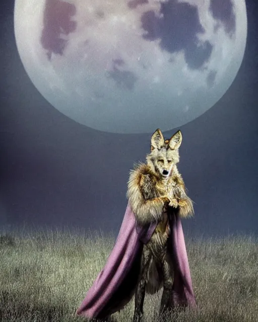 Prompt: Tall emaciated man wolf hybrid, covered in matted fur, he has yellow wolf eyes, a long bent rat like tail, long coyote like ears, and is Wearing a purple velvet cape and is holding a Silver cane with his right hand, Atmospheric Full Moon, highly realistic, Rick Baker style, photoreal, photograph in the style of Annie Leibovitz