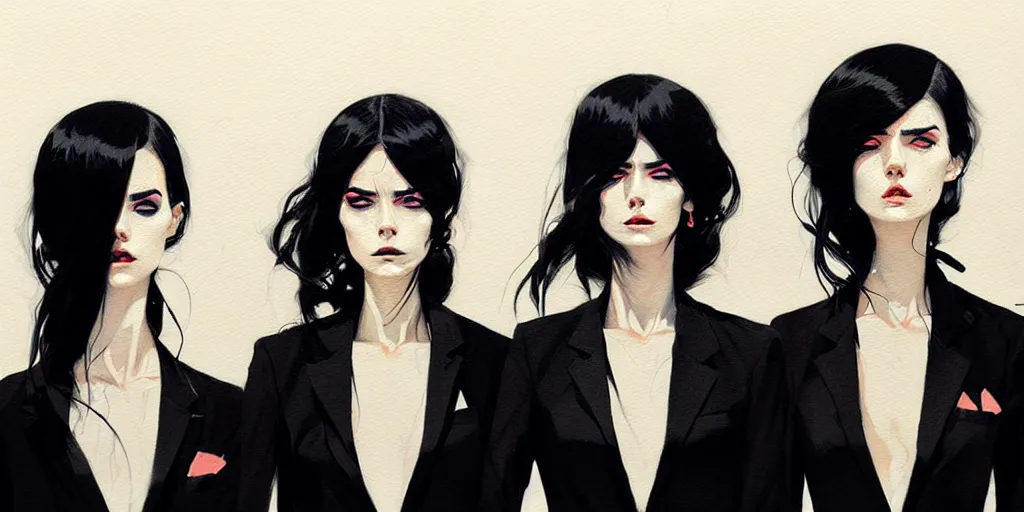 Image similar to a ultradetailed portrait painting of three women in black suits, by conrad roset, greg rutkowski and makoto shinkai trending on artstation