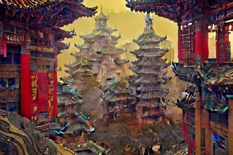 Image similar to cyberpunk chinese ancient castle, fantasy, painting by Gustav Klimt, greg rutkowski and alphonse mucha