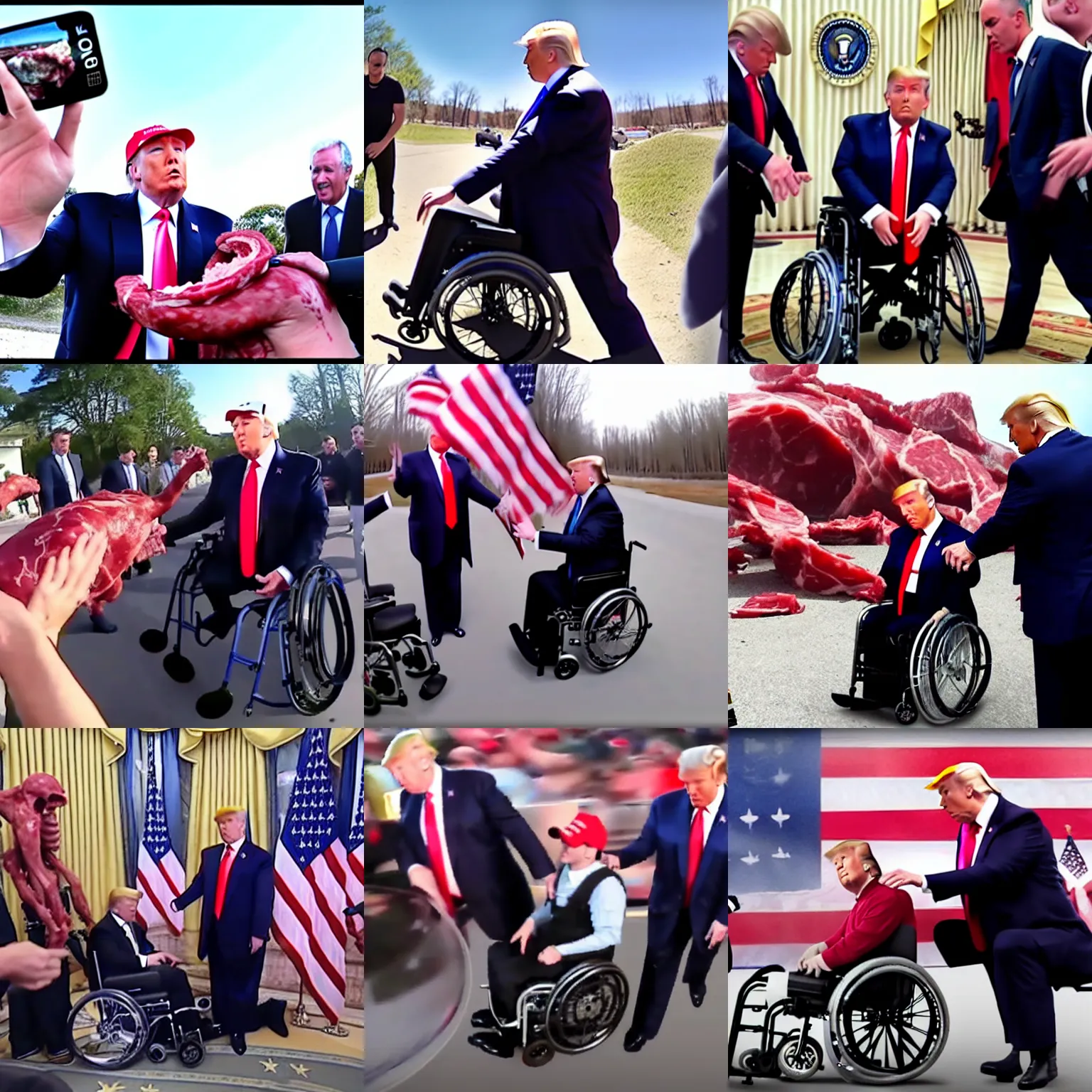 Prompt: gopro footage of trump getting mangled by a wheelchair, blood and bone, meat paste