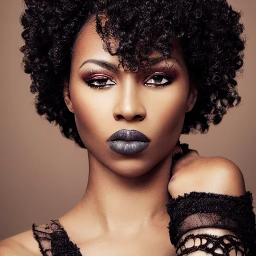 Image similar to a gorgeous black woman photo, beautiful face, professionally retouched, realistic, full body shot, curly hair, sharp focus on eyes, high definition, intricate, elegant, fashion editorial, vogue, black art