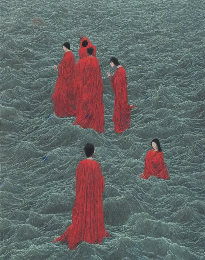 Prompt: worshippers in red robes wading through waves, high detailed beksinski painting, part by adrian ghenie and gerhard richter. art by takato yamamoto. masterpiece, deep colours, blue