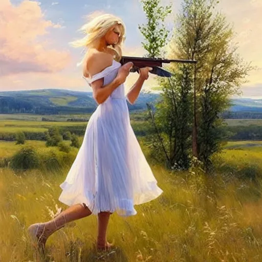 Prompt: mysterious blonde woman in hot dress in the swedish countryside, holding a shotgun!!!, freedom, scenic, beautiful, masterpiece, highly detailed, painting by vladimir volegov