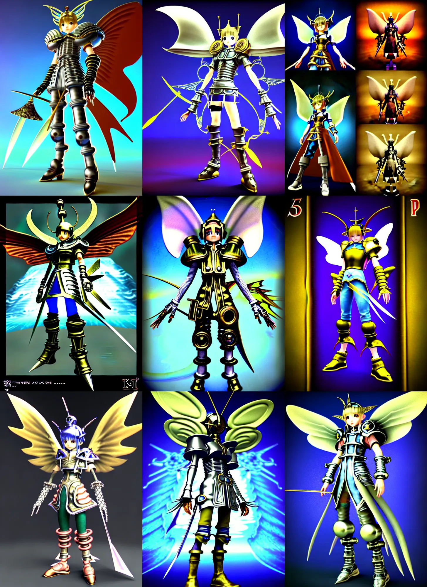 Prompt: vintage cgi 3 d render of cute cyborg knight in the style of micha klein final fantasy ix yugioh cards by ichiro tanida wearing a big bell hat and wearing angel wings against a psychedelic swirly background with 3 d butterflies and 3 d flowers n the style of 1 9 9 0's cg graphics 3 d rendered by micha klein lightwave, 3 do magazine