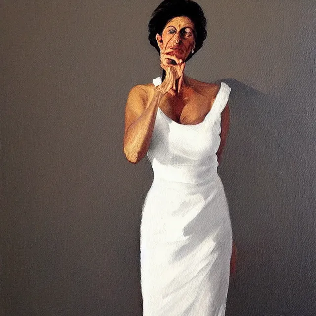 Image similar to a painting of a stunning middle aged woman in a white dress, a photorealistic painting by julio larraz, trending on cg society, figurative art, hyper realism, oil on canvas, detailed painting, eerie, liminal, subtle