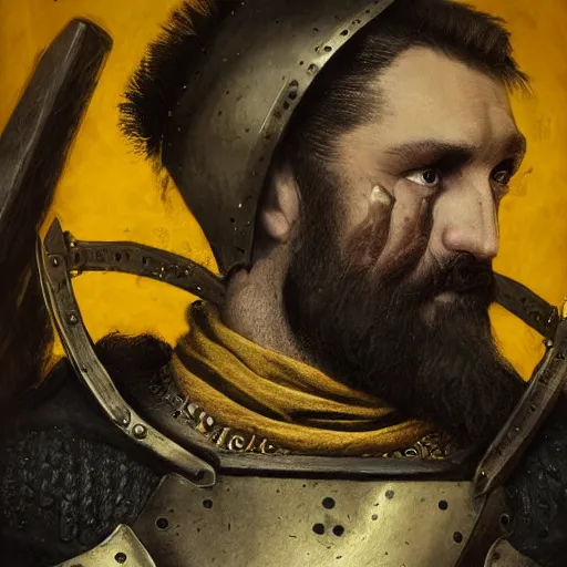 Image similar to Closeup of frustrated male medieval sergeant with a {short} beard wearing a {black!!!! and yellow tabard} over a steel breastplate and a black gambeson looking up from a map on a table, intricate, dramatic lighting illustration by Greg Rutkowski, {perfect face}, {perfect eyes}, fantasy