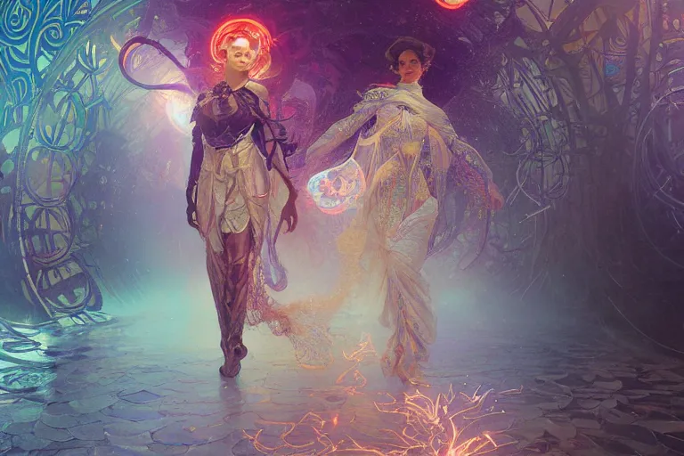 Image similar to she walks between arcs of purple flame intertwined with glowing sparks, glinting particles of ice, dramatic lighting, steampunk, bright neon, secret holographic cyphers, red flowers, solar flares, intricate art by alphonse mucha and greg rutkowski and ruan jia