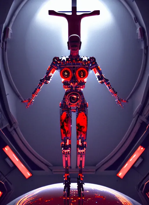 Prompt: , high detailed space station interior, a statue jesus on cross made of red marble, perfect symmetrical body, full body shot, white biomechanical, wearing epic bionic cyborg implants, masterpiece, intricate, biopunk, vogue, highly detailed, artstation, concept art, background galaxy, cyberpunk, octane render