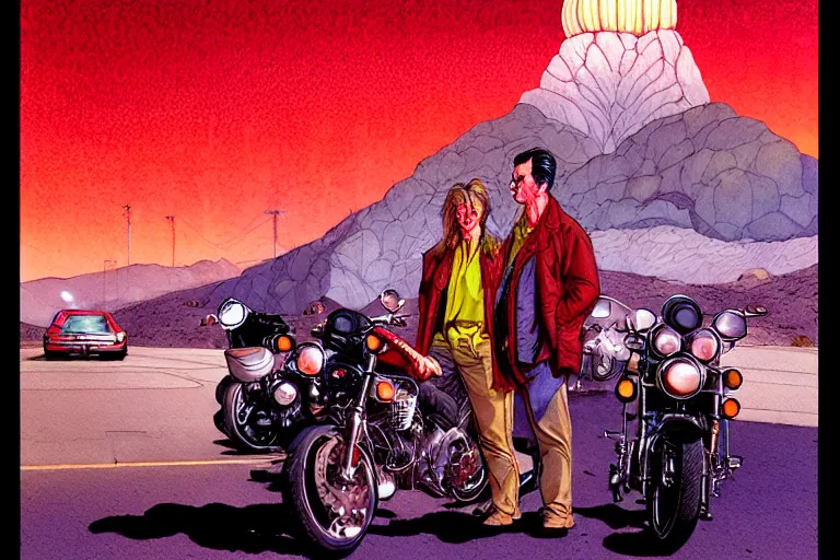 Image similar to a hyperrealist watercolour character concept art portrait of twin peaks. red curtain. on well lit night in the las vegas. there is a motorcycle. a ufo is in the background. by rebecca guay, michael kaluta, charles vess and jean moebius giraud