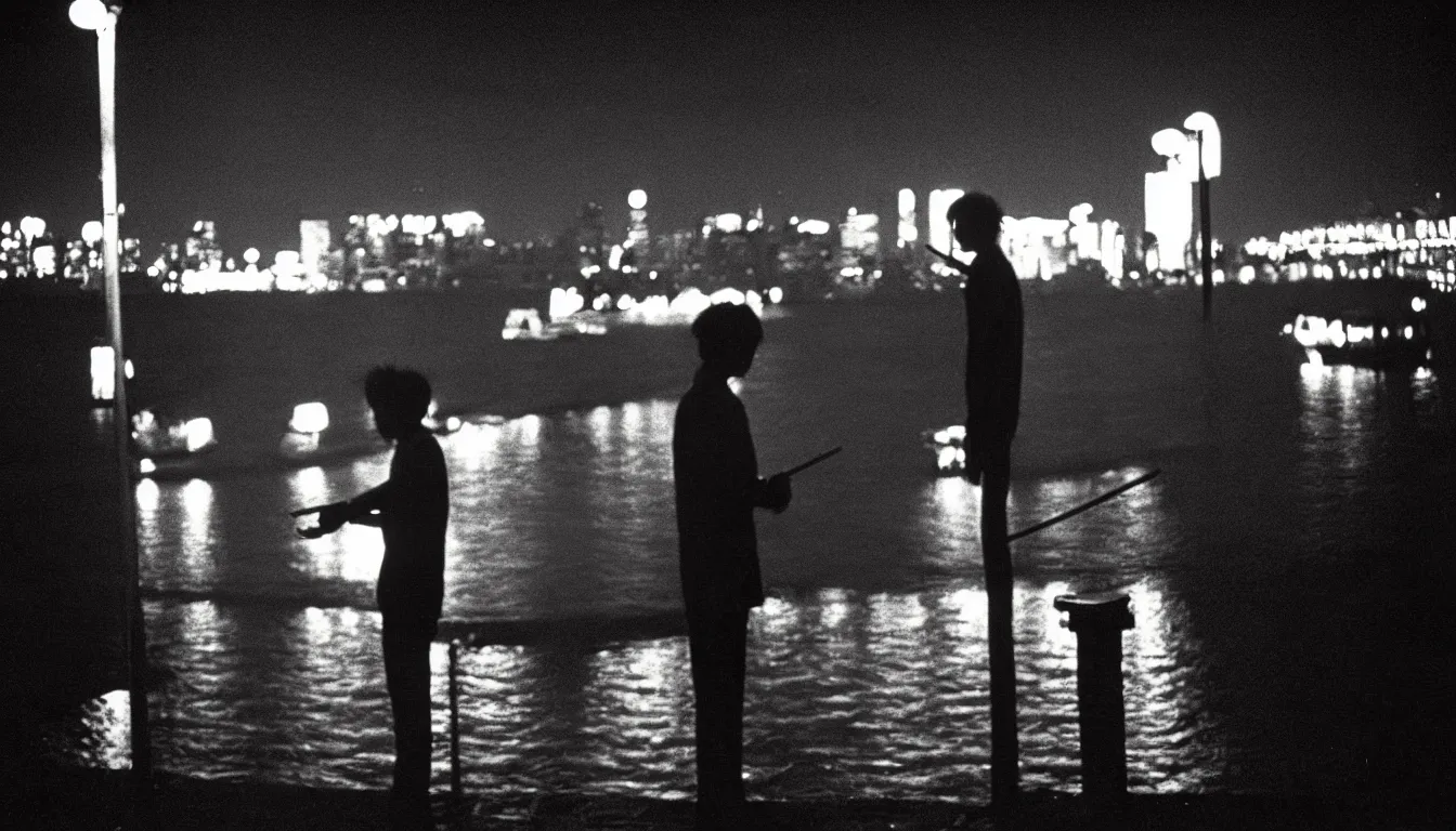 Image similar to 80s asian neon movie still with a man smoking cigarette by the river at night with city lights behind his back. Fallen angels movie still. hyperrealistic, high definition, medium format photography, highly detailed, tehnicolor