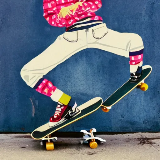 Prompt: a horse wearing 90's cool kid clothing doing a kick flip on a skateboard