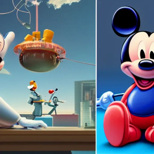 Prompt: hyperrealistic render, beeple art, octane render of giant mickey mouse figure, workers performing surgery on it, netflix logo in the background