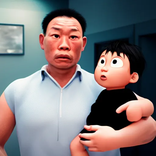 Prompt: shocked asian man holds black baby at hospital, he can ’ t believe his eyes, award winning art, pixar, 3 d render, unreal engine