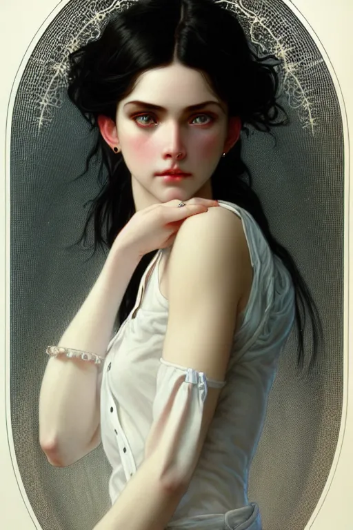 Image similar to ultra realistic, Beautiful black haired woman, Porcelain white complexion, big blue eyes, cute small lips., wearing jeans and white blouse, whip in hand, intricate details, eerie, highly detailed, octane render, 8k, art by artgerm and alphonse mucha and greg rutkowski