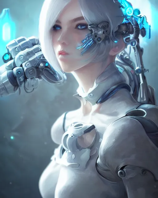 Image similar to holy cyborg necromancer girl, elegant, perfect face, scifi, futuristic, utopia, garden, illustration, atmosphere, warframe, blue eyes, white hair, artstation, nier automata, highly detailed, art by yuhong ding and chengwei pan and serafleur and ina wong