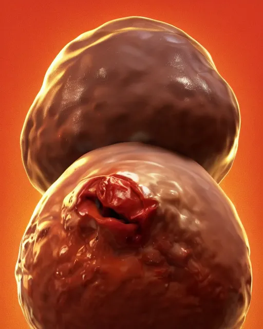 Prompt: Gooey Oily, Gross and Disgusting stunning orbiting Giant fleshy meatball with a tongue sticking out of its mouth. 4D render, soft render, hairy meatball, surreal food by Greg Rutkowsi and Stefan Koidl, artstation