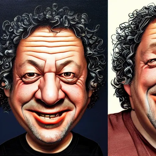 Image similar to Caricature portraits done of Gene Ween and Dean Ween, realistic, hyperrealistic, very realistic, highly detailed, very detailed, extremely detailed, detailed, oil painting, digital art, trending on artstation