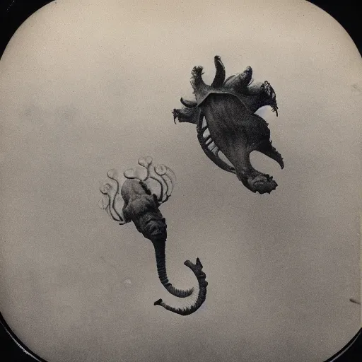 Image similar to tintype photo, lochness monster, underwater, jellyfish