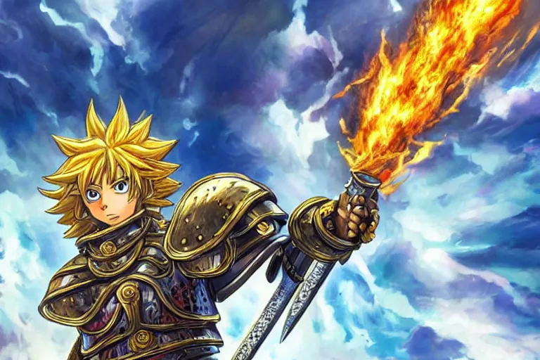 Prompt: an ultra detailed portrait of king richard the lionhearted as a paladin shonen anime protagonist charging into battle wearing bright gold armor and huge flaming longsword blessed by god, epic anime fantasy, 8 k, volumetric lighting, smooth, highly detailed, digital illustration, art by kentaro miura and akira toriyama and artgerm