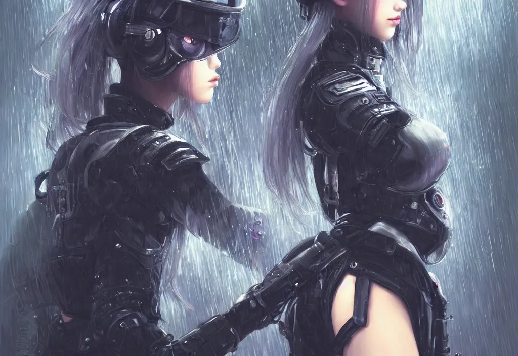 Prompt: portrait lisa blackpink + medium grey hair of futuristic police girl, black armored uniform, at futuristic cyberpunk color tokyo rainy night, ssci - fi and fantasy, intricate and very very very beautiful, highly detailed, digital painting, artstation, concept art, smooth and sharp focus, illustration, art by tian zi and wlop and alphonse mucha