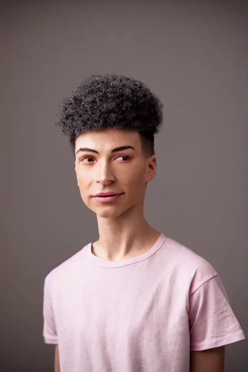 Prompt: a high definition film photograph of a normal mixed race androgynous robot human wearing a plain white t - shirt, in a pastel pink office. friendly. crushed shadows. three point light.