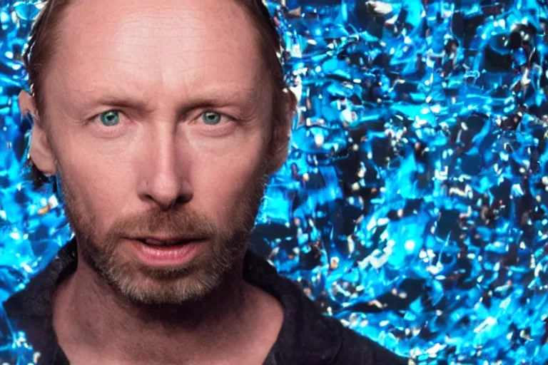 Prompt: thom yorke singer songwriter in a reflective space helmet, no surprises, helmet filling up with water, video art, anamorphic lens flare, datamosh, beautiful blue eyes, eyes reflecting into eyes reflecting into infinity, eyes reflecting into eyes reflecting into infinity