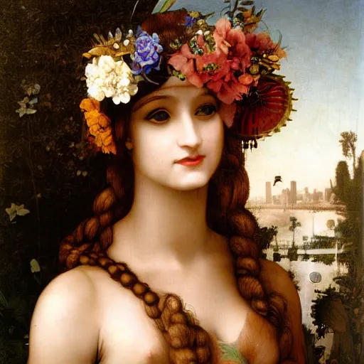 Prompt: portrait of a beautiful young cyborg woman with a big steampunk flower crown and part mechanical face , Metropolis, by Leonardo Da Vinci in the style of Bouguereau