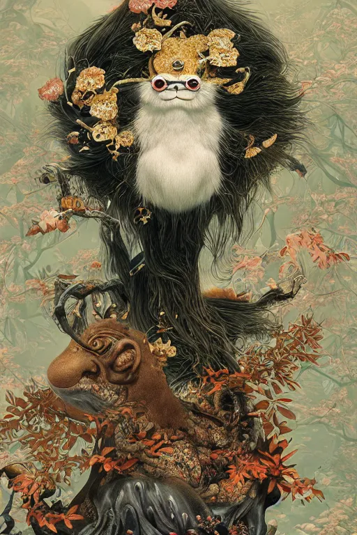 Image similar to a cover of japanese art magazine about animal creatures bio by illustrated by miyazaki by karol bak, james jean, tom bagshaw, rococo, sharp focus, trending on artstation, cinematic lighting, hyper realism, octane render, 8 k, hyper detailed, vivid, ultra detailed, highly detailed