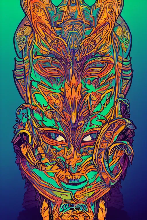 Image similar to animal mask totem roots flower tribal feather gemstone plant wood rock shaman vodoo video game vector cutout illustration vivid multicolor borderlands comics by josan gonzales and dan mumford radiating a glowing aura