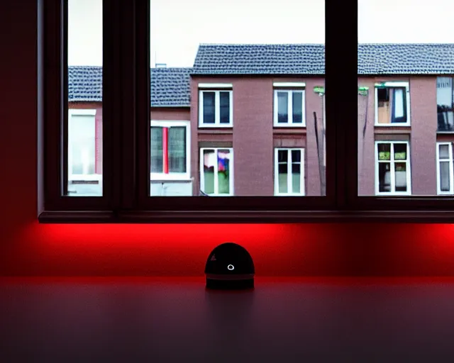 Prompt: view of a moonlit street in de rosse buurt, a window with a red light containing an nvidia gpu wearing a miniskirt, cash on a sidetable, photorealistic atmospheric sensual lighting documentary