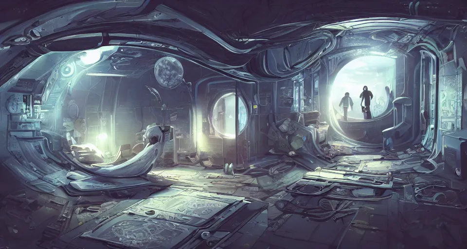 Prompt: A beautiful artwork illustration, detailed, level design, third person, an escape room in a small, cramped, futuristic room, realistic, featured on Flickr, wide angle, horizontal orientation