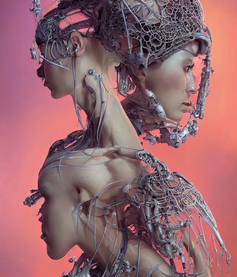 Image similar to fully symmetrical centered portrait of a beautiful princess in robe. artificial muscles, ribcage, bones, hard surface modelling. cyberpunk look. biomechanical mask. bio luminescent biomechanical halo around head. jellyfish. artwork by jarold Sng by artgerm, by Eddie Mendoza, by Peter mohrbacher by tooth wu by alfons mucha, unreal engine, octane render, cinematic light, iridescent details, iridescent colors, dichroic, macro, depth of field, blur