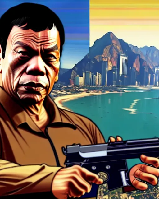 Prompt: duterte in gta v game box art by stephen bliss, no text, detailed cover artwork, gta v, gta v loading screen