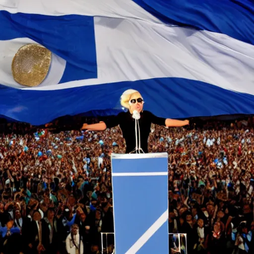 Image similar to Lady Gaga as president, Argentina presidential rally, Argentine flags behind, bokeh, giving a speech, detailed face, Argentina