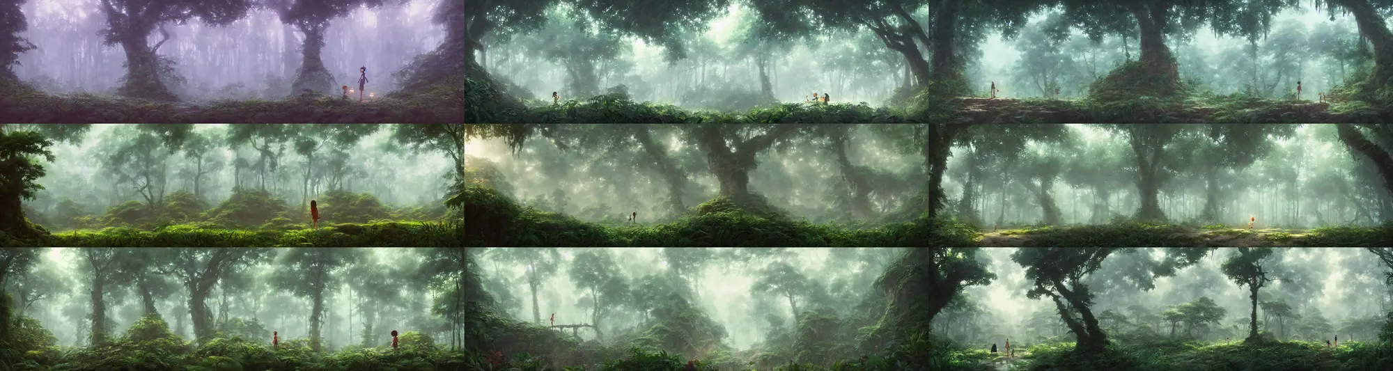 Prompt: a wholesome animation key shot of a cute empty foggy jungle ground, studio ghibli, pixar and disney animation, sharp, rendered in gouache painting, anime key art by greg rutkowski, bloom, dramatic, dynamic lighting