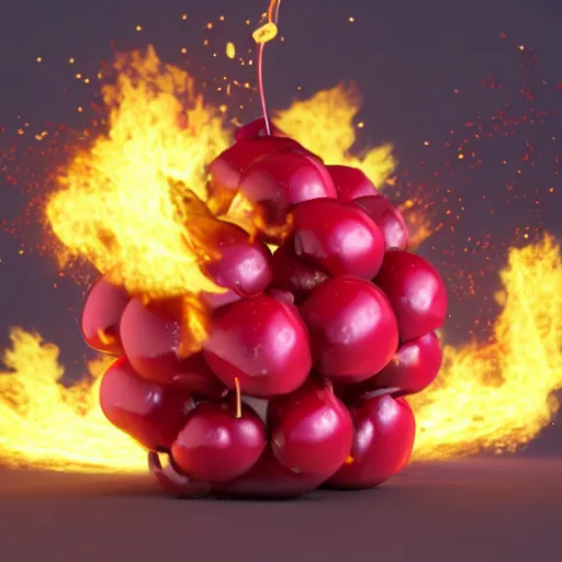 Image similar to cherry just after it explodes, octane render, ue 5 render, detailed fire, detailed explosion, white background