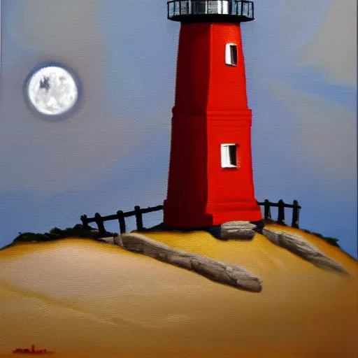 Image similar to oil painting of little lighthouse on the moon