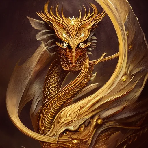 Prompt: golden dragon with jeweled eyes, art, fantasy, intricate, elegant, highly detailed, digital painting, trending on artstation, concept art, smooth, sharp focus, hyperrealistic, illustration, art by Loish and WLOP