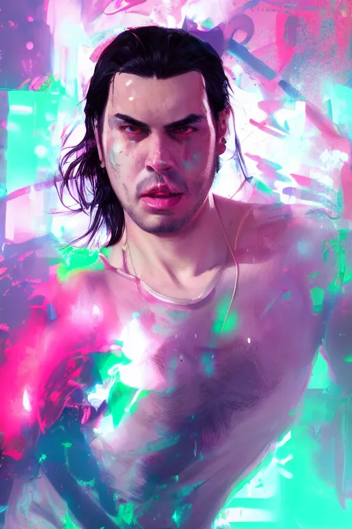 Prompt: portrait of andrew wk, busted nose, party hard in neon, charlie bowater, artgerm, ilya kuvshinov, krenz cushart, ruan jia, realism, ultra detailed, 8 k resolution