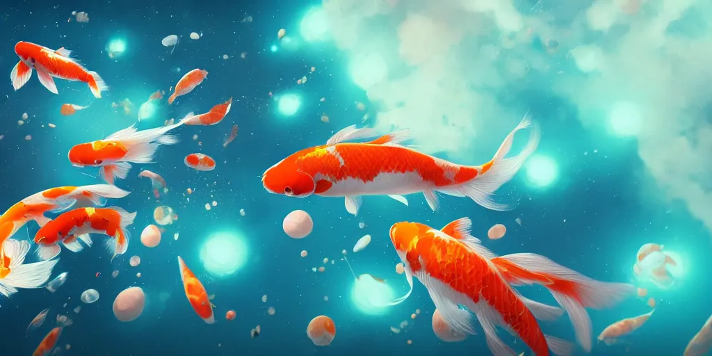 Image similar to koi fish floating in space, turquoise background, realistic detailed digital art by maxwell boas, jessica rossier, christian dimitrov, anton fadeev, trending on artstation, cgsociety, rendered in unreal engine, soft colors, 4 k, hq