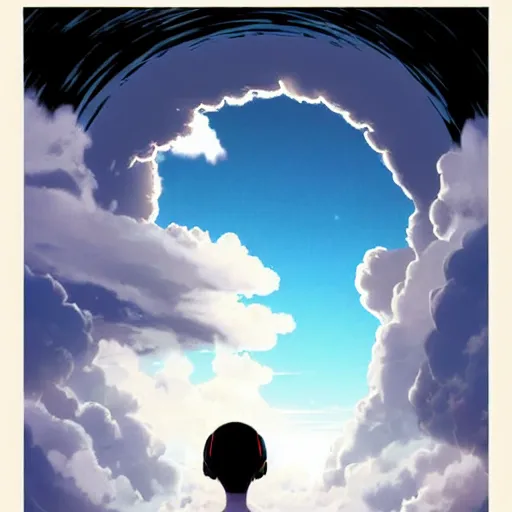 Image similar to portal to the clouds inside the silhouette of an ear, by ilya kuvshinov