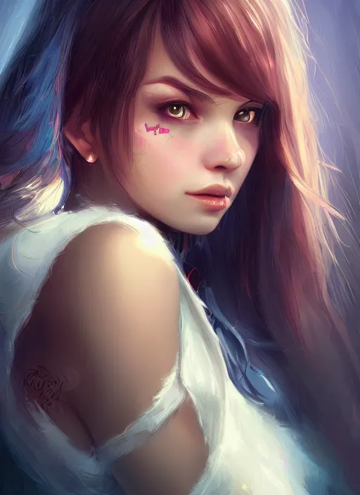Prompt: a higly detailed digital art portrait of a cute, playful young woman by ross tran