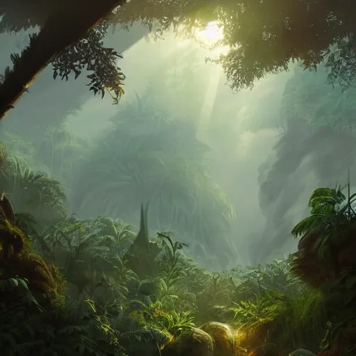 jungle, explorers, mist, god rays, concept art