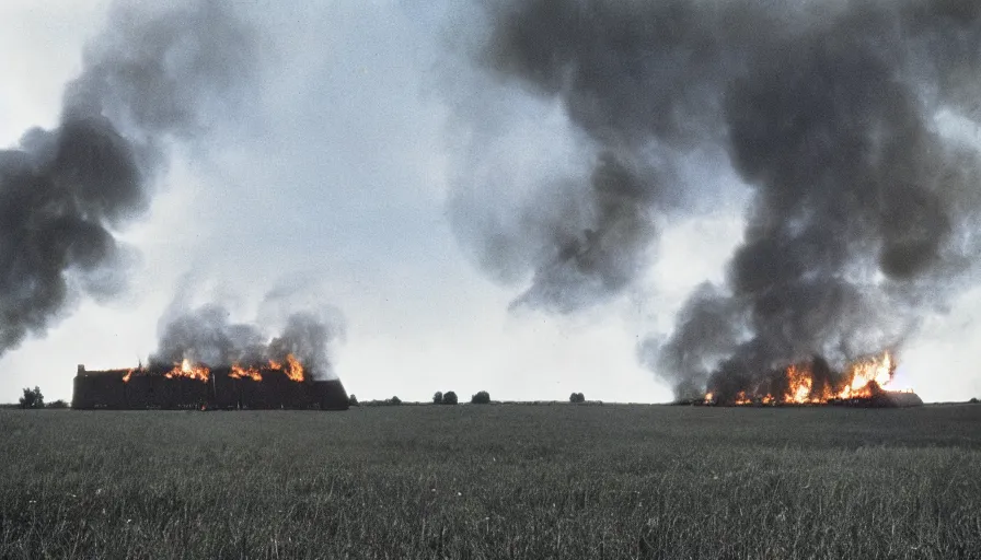 Prompt: 1 9 7 0 s movie still of a burning northern french house in a field, cinestill 8 0 0 t 3 5 mm, high quality, heavy grain, high detail, texture, dramatic light, ultra wide lens, panoramic anamorphic, hyperrealistic