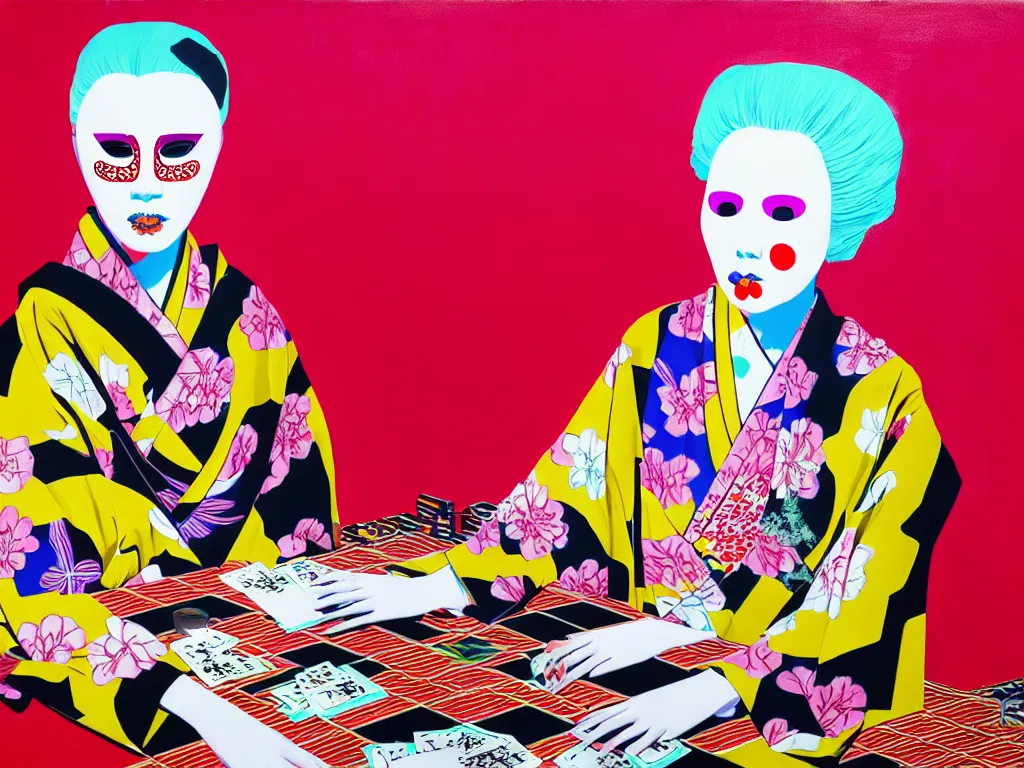 Prompt: hyperrealism composition of the detailed woman in a japanese kimono sitting at a poker table with slenderman, fireworks on the background, pop - art style, jacky tsai style, andy warhol style, acrylic on canvas