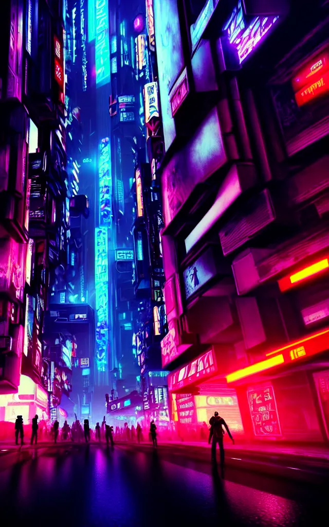 Image similar to concept art of a magnificent dark neon futuristic cyberpunk city bustling street at night cyberart by liam wong in the film akira rendered in octane, 3 d render, trending on cgsociety, blender 3 d