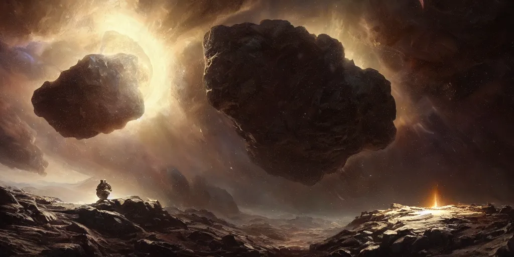 Image similar to an orb of energy and wisdom floats through a godly asteroid field, an epic nebula fills the sky, Ivan Shishkin and Greg Rutkowski